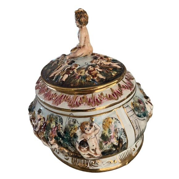 Antique Vintage Capodimonte Porcelain Cherub Centerpiece Bowl w/Lid - ITALY - Picture 3 of 15